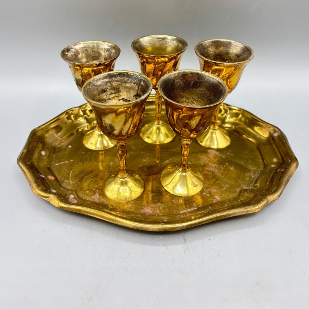 Vintage Brass Liqueur Shot Glasses Set with Octagon Serving Tray Made in India